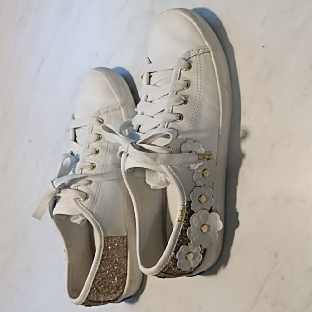Keds & Kate Spade Sneakers White Flowers Glitter Size 7